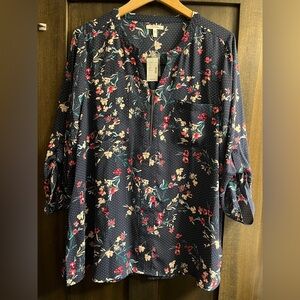 Maurices Navy Floral Blouse with Red Accents